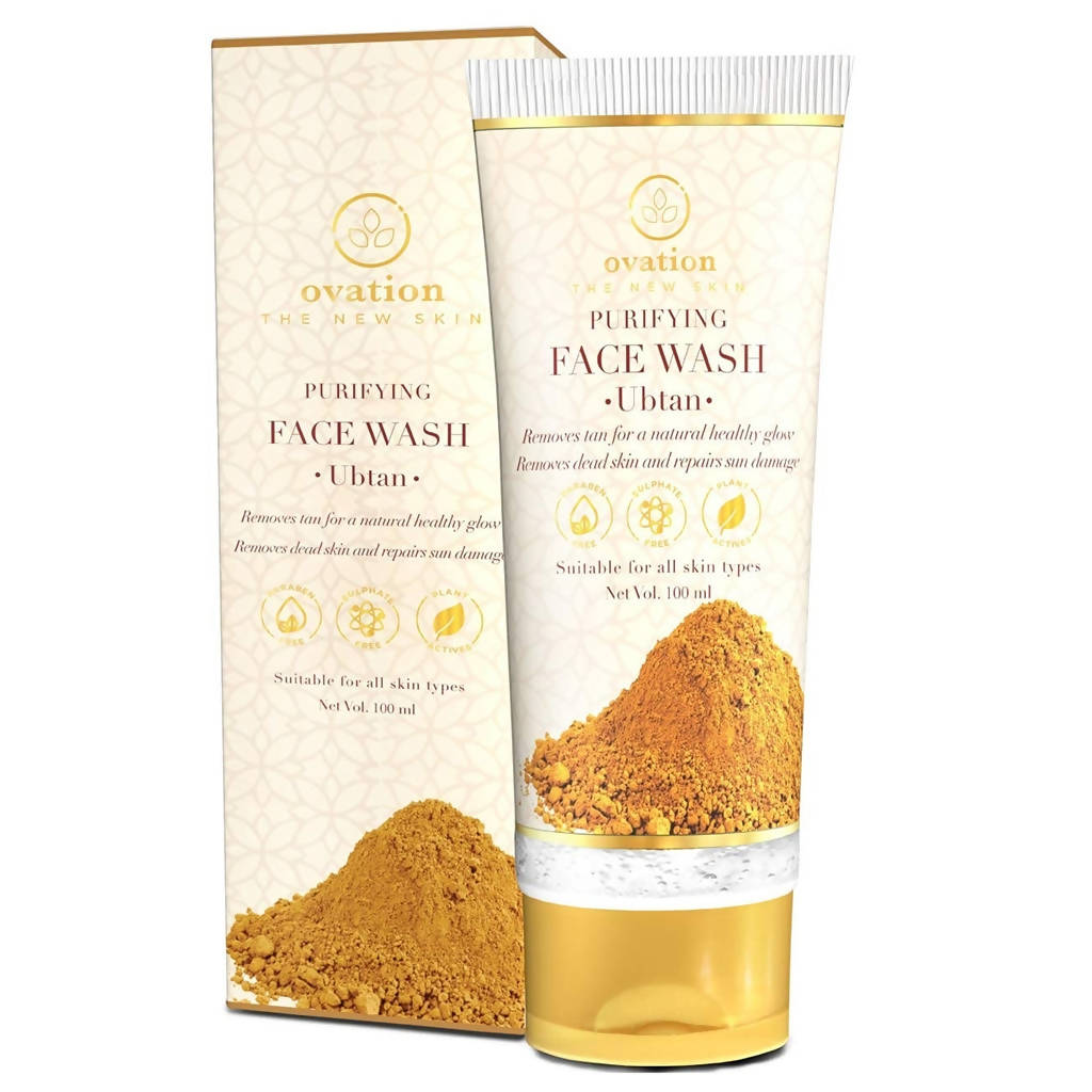 Ovation Ubtan Purifying Face Wash packaging with gold powder on a white background