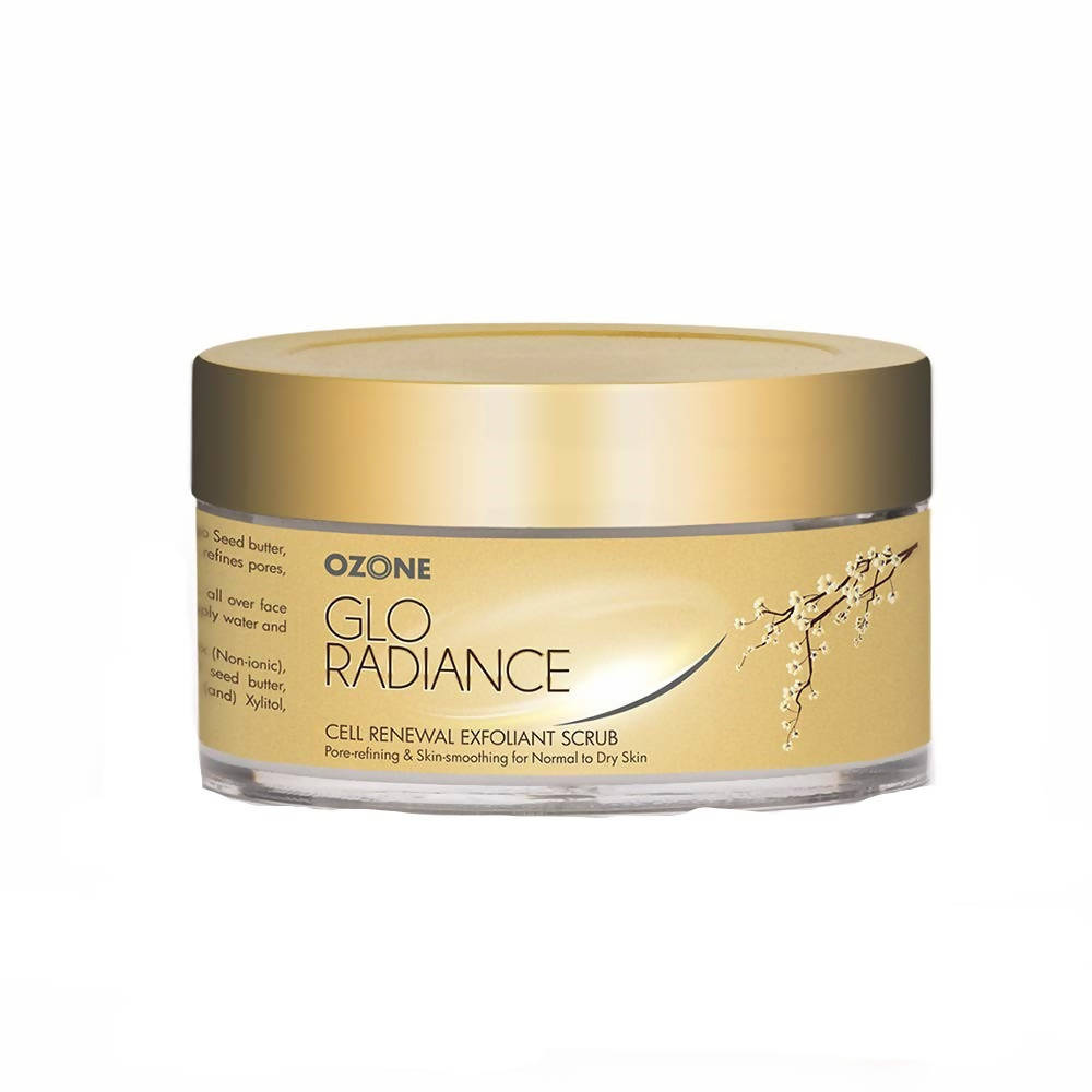 Ozone Glo Radiance cell renewal exfoliant scrub jar on a white background