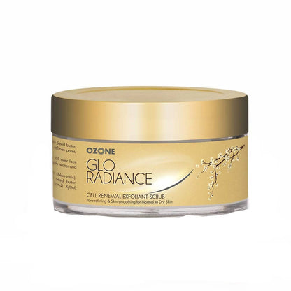 Ozone Glo Radiance cell renewal exfoliant scrub jar on a white background