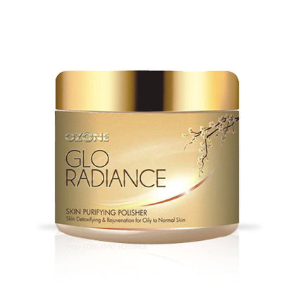 Glo Radiance skin purifying polisher jar with gold lid on a white background