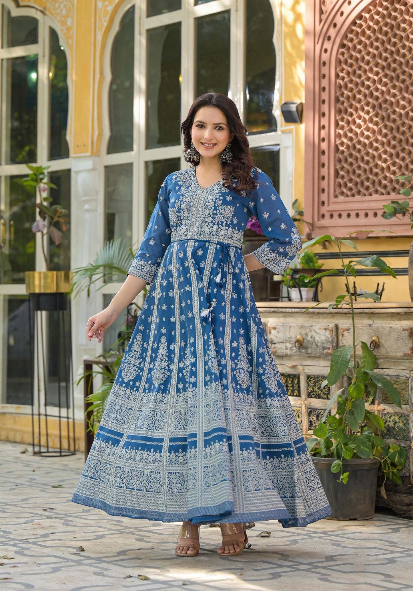 Juniper Indigo Ethnic Motif Printed Cotton Long Dress