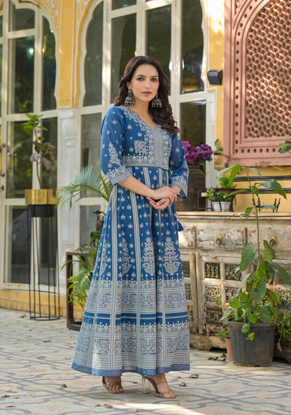 Juniper Indigo Ethnic Motif Printed Cotton Long Dress