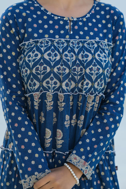 Juniper Indigo Ethnic Motif Printed Cotton Long Dress With Sequins & Thread Work