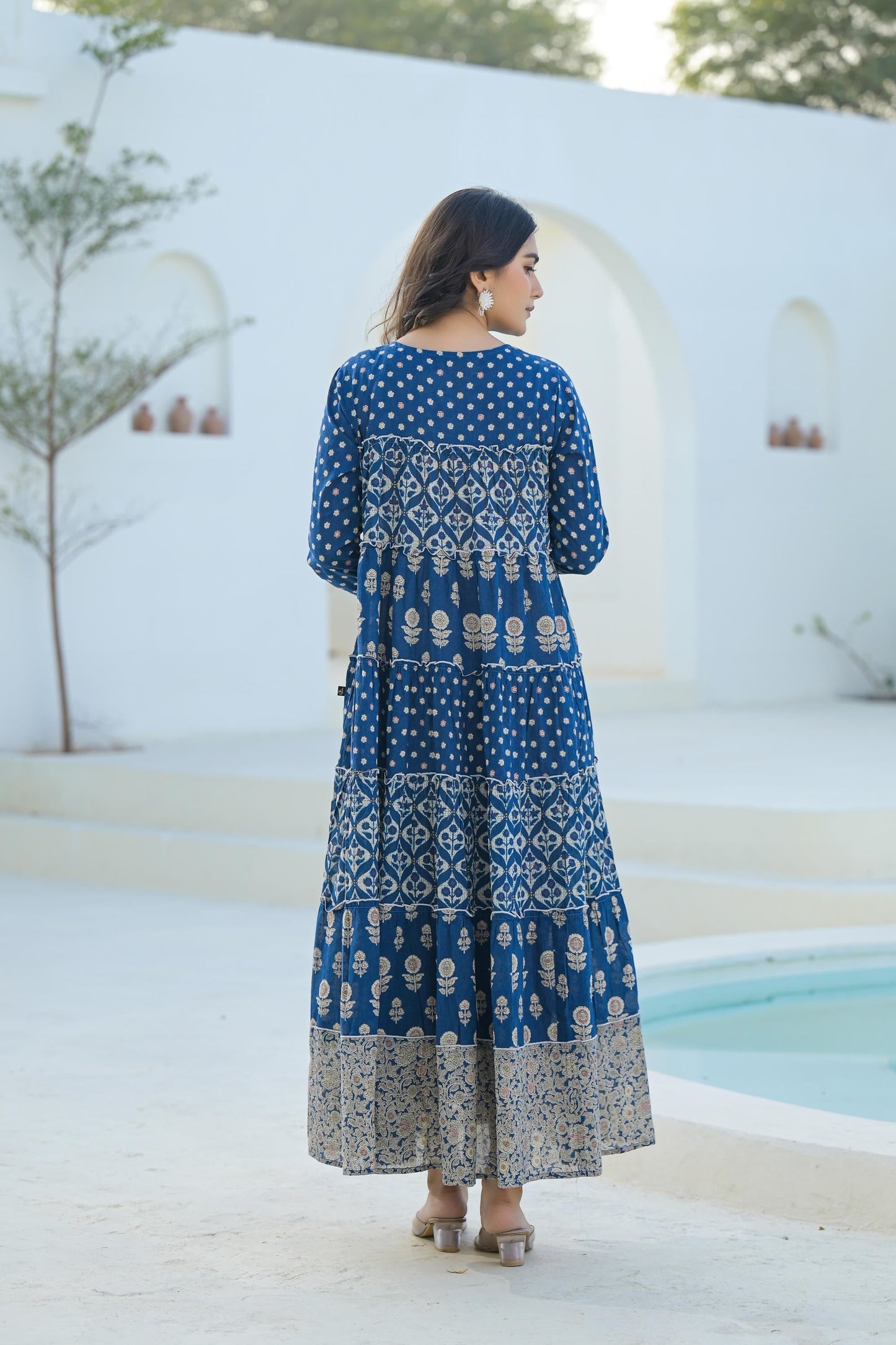 Juniper Indigo Ethnic Motif Printed Cotton Long Dress With Sequins & Thread Work