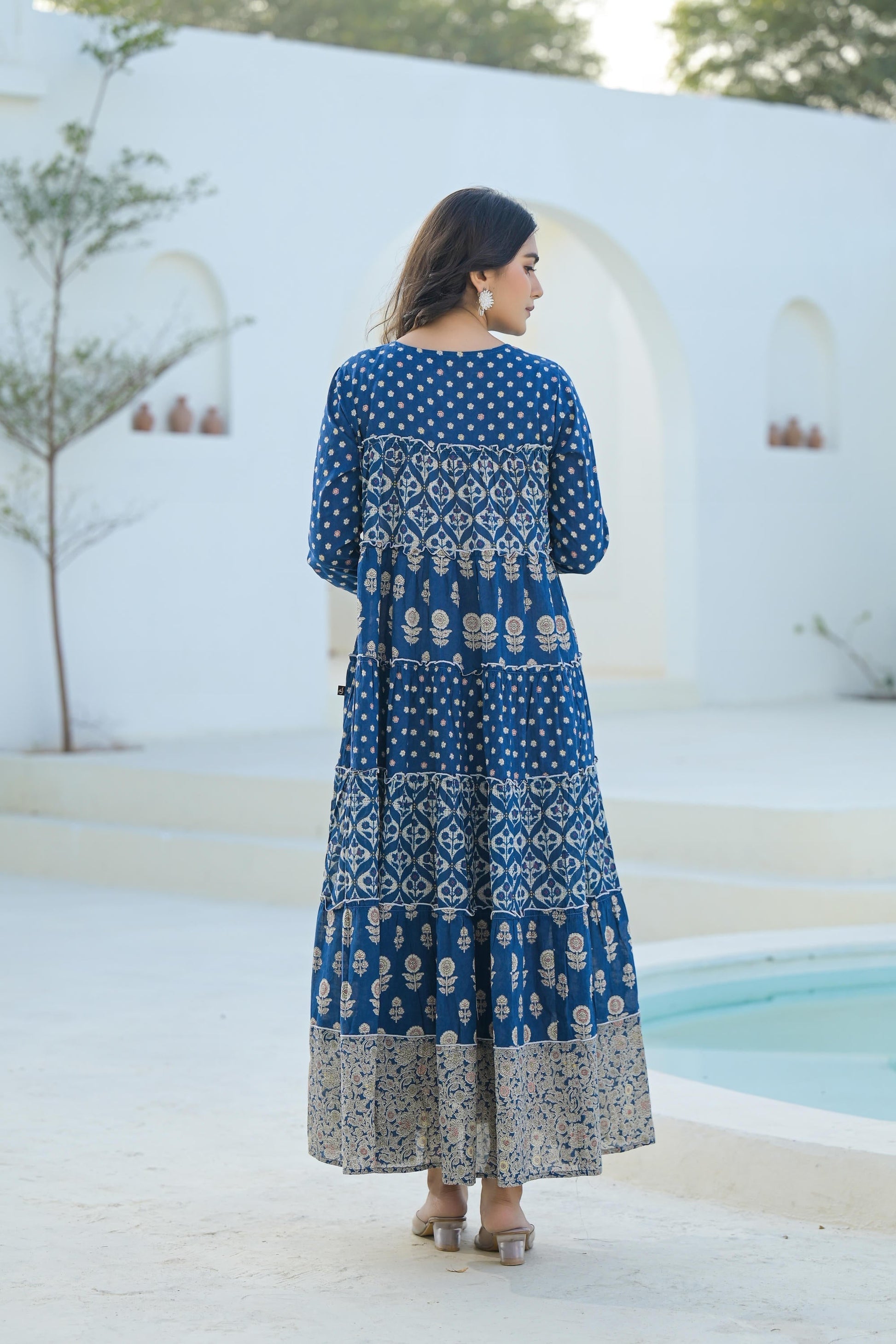 Juniper Indigo Ethnic Motif Printed Cotton Long Dress With Sequins & Thread Work