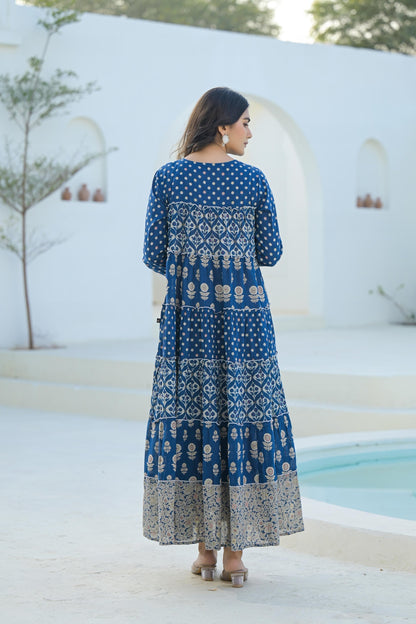 Juniper Indigo Ethnic Motif Printed Cotton Long Dress With Sequins & Thread Work