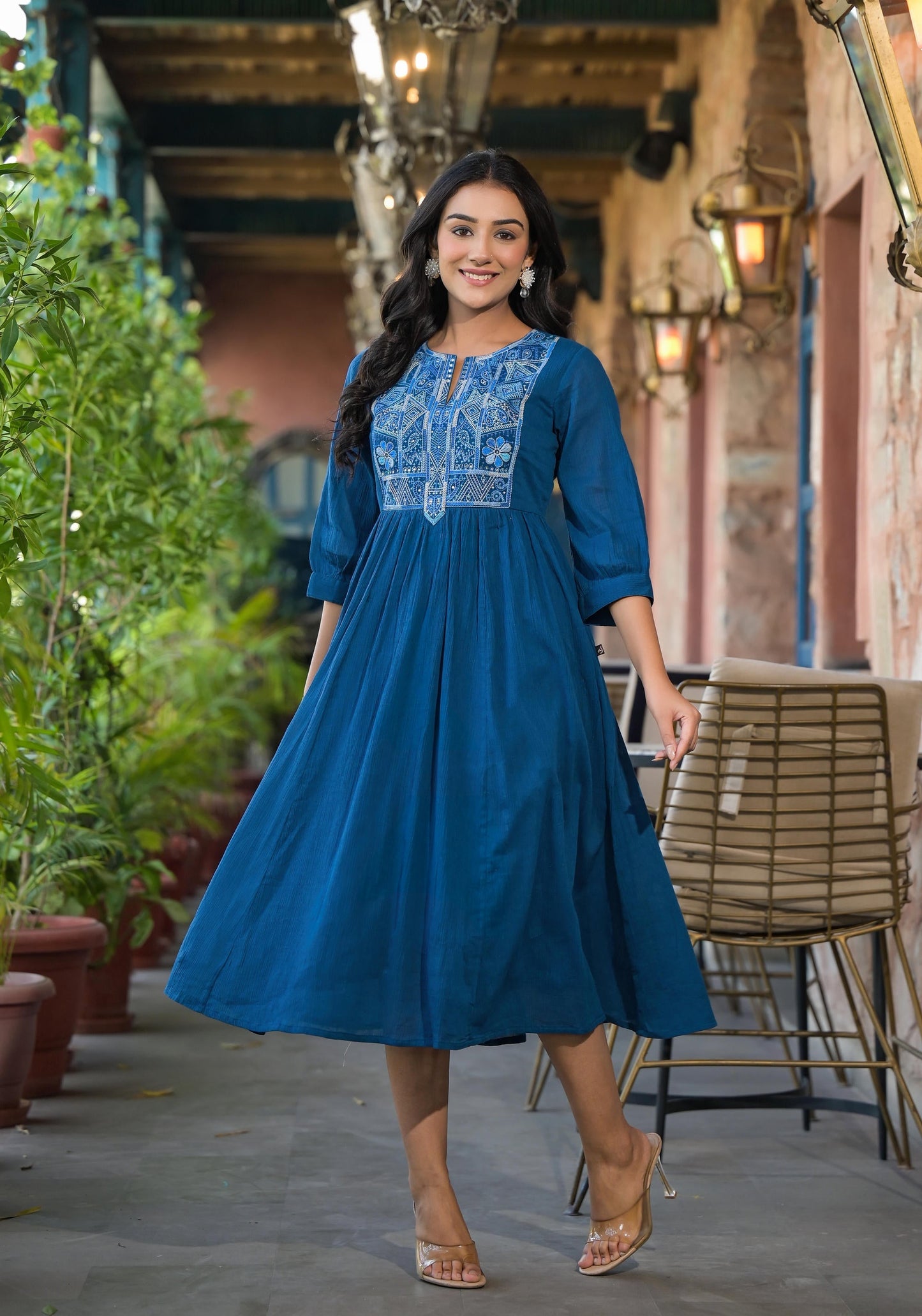 Juniper Indigo Solid Cotton Long Dress With Thread Embroidery