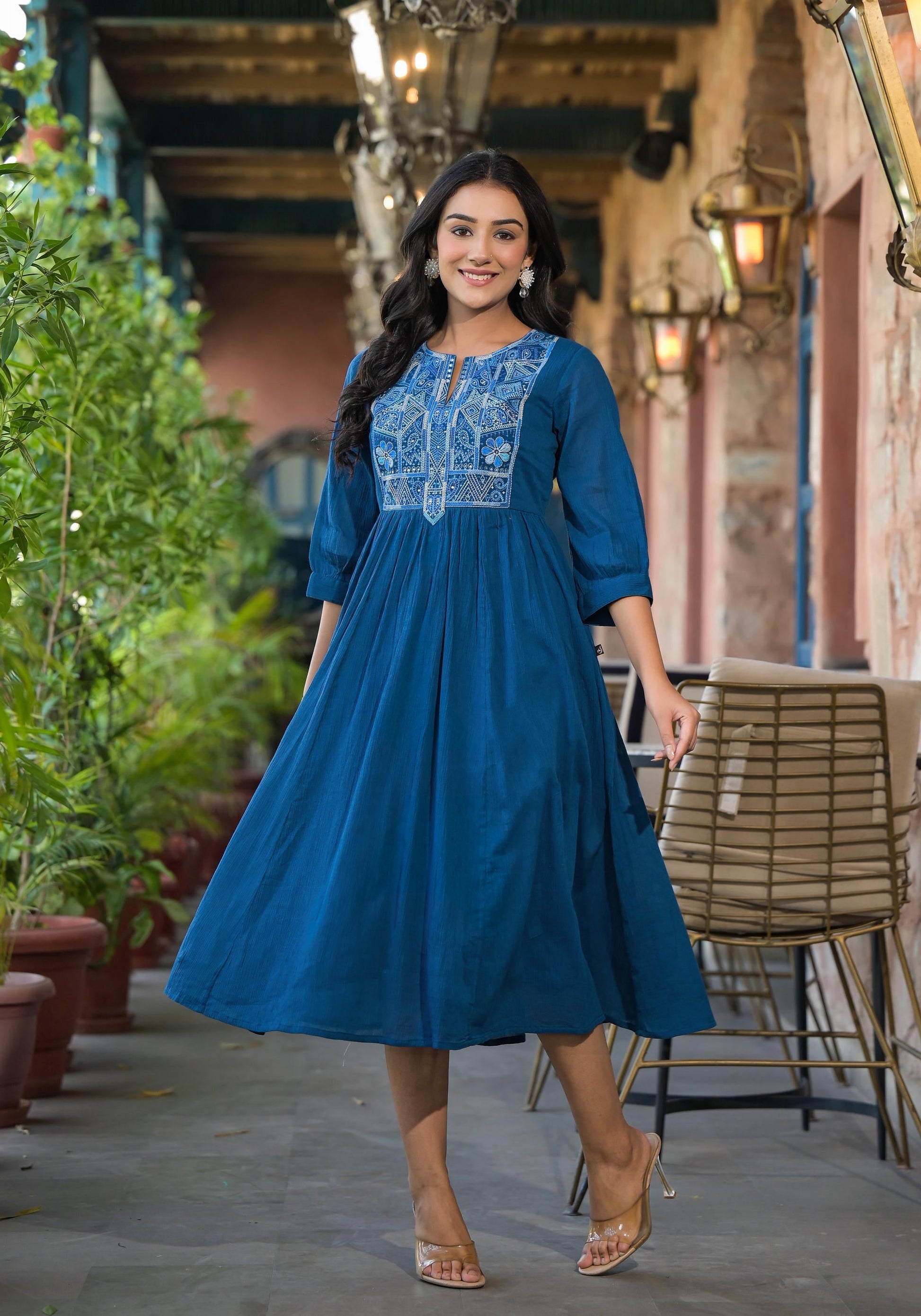 Juniper Indigo Solid Cotton Long Dress With Thread Embroidery