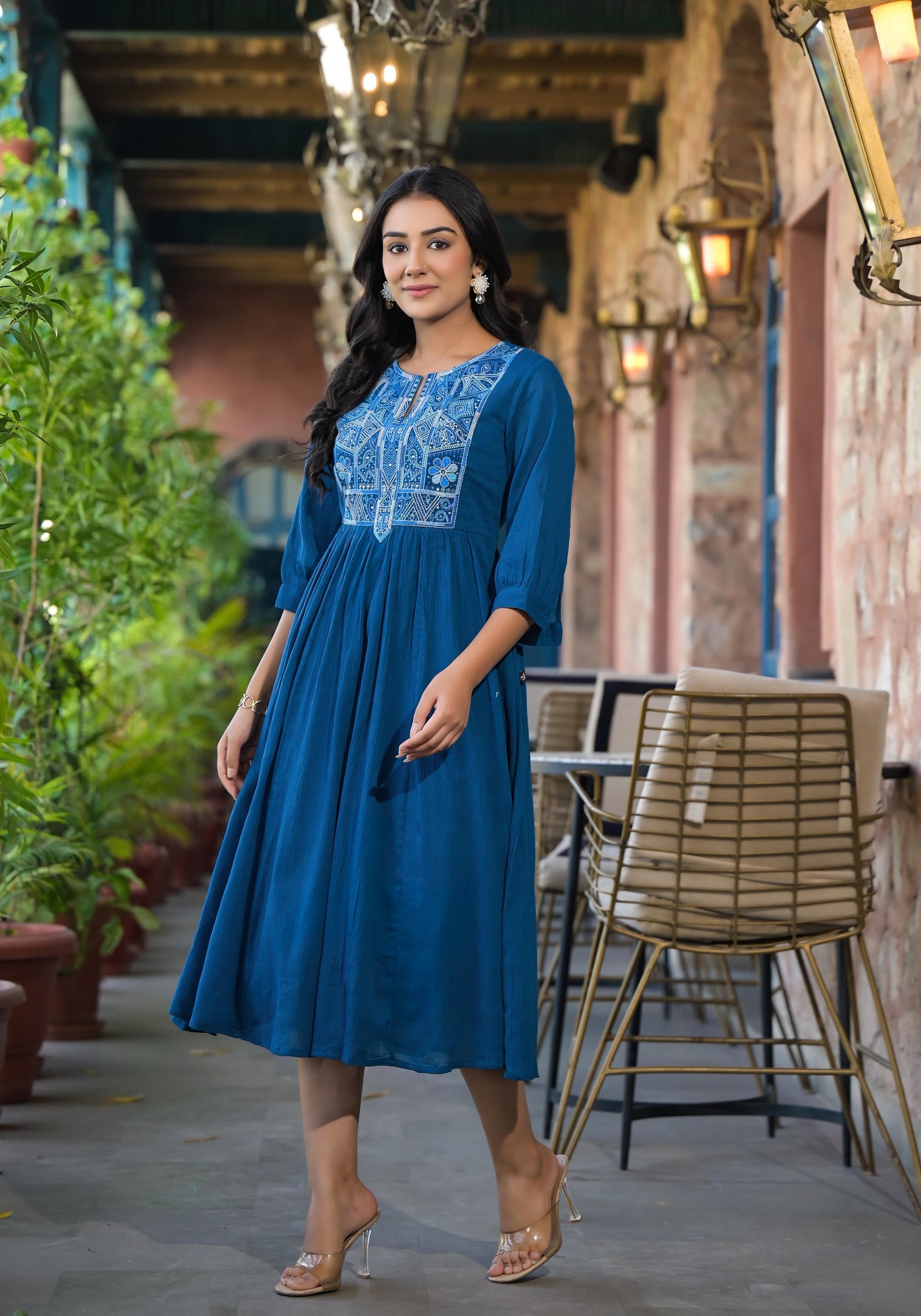 Juniper Indigo Solid Cotton Long Dress With Thread Embroidery
