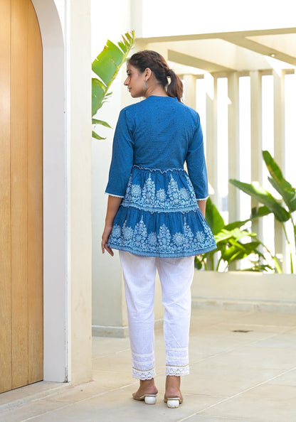 Juniper Indigo Ethnic Motif Printed Cotton Tunic With Thread Work & Sequins