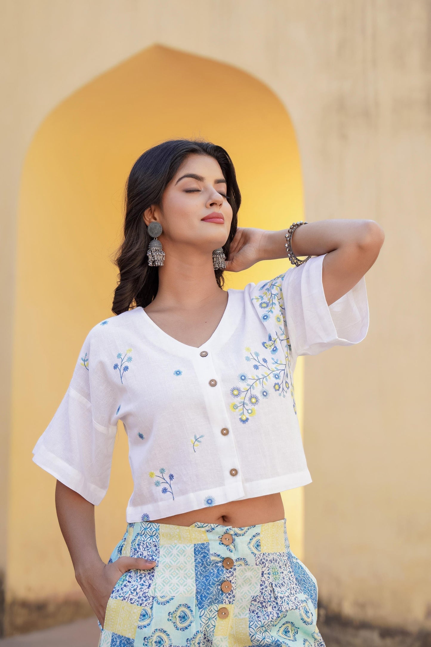 Juniper Blue Ethnic Motif Printed Viscose Top & Palazzo With Thread & Mirror Work