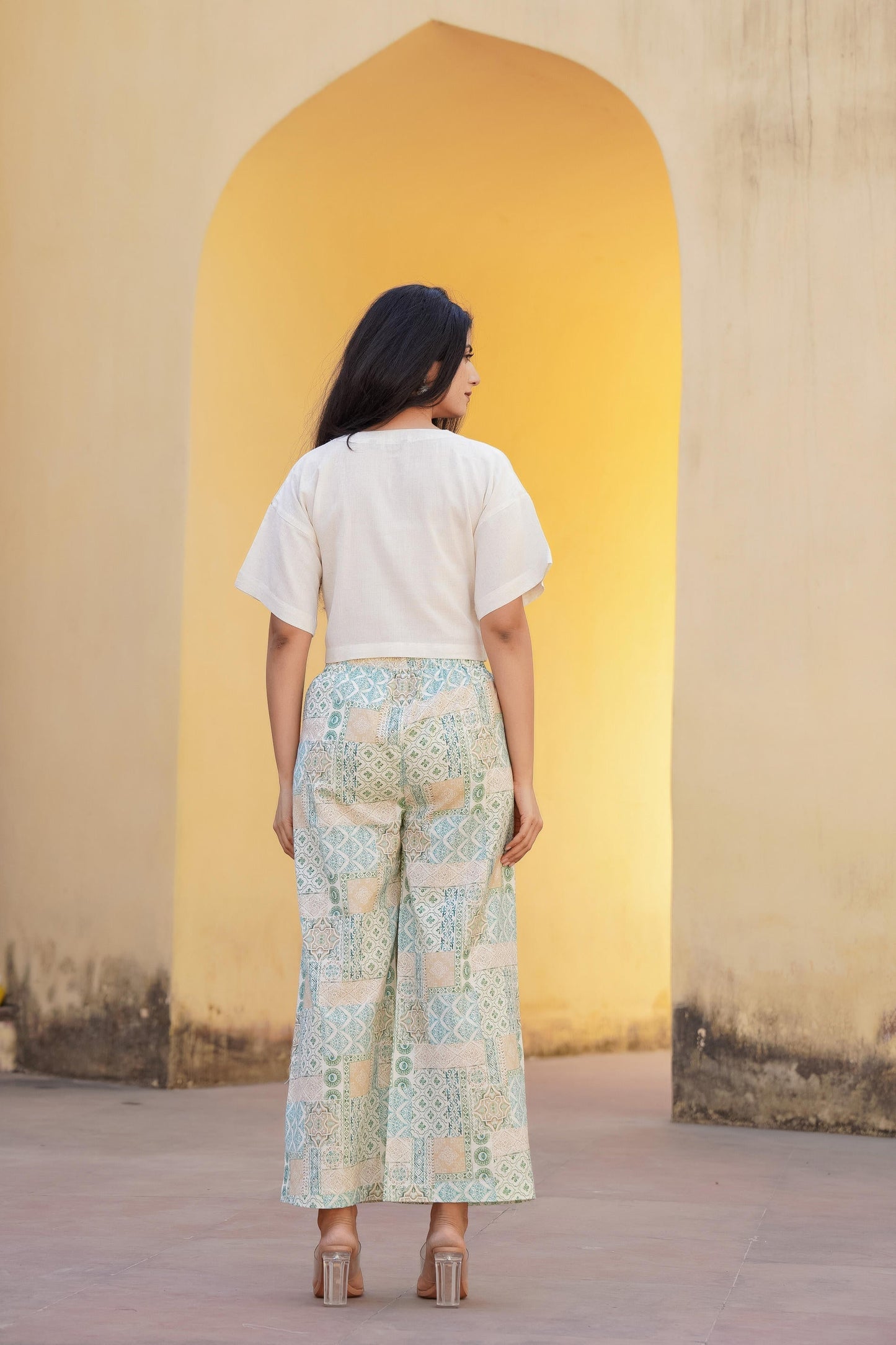 Juniper White & Mint Green Ethnic Motif Printed Viscose Top & Palazzo With Thread & Mirror Work