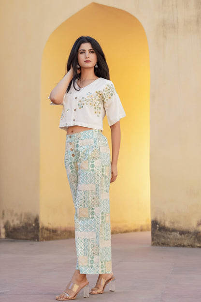 Juniper White & Mint Green Ethnic Motif Printed Viscose Top & Palazzo With Thread & Mirror Work