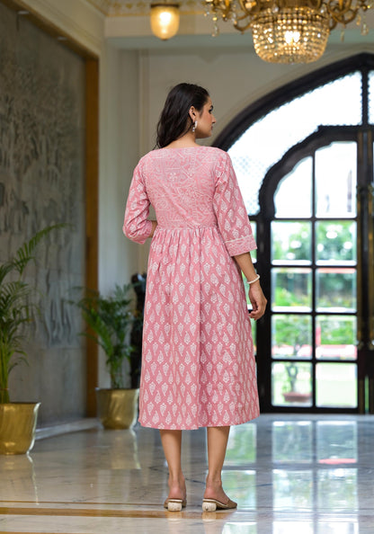 Juniper Pink Ethnic Motif Printed Cotton Short Dress With Button & Lace