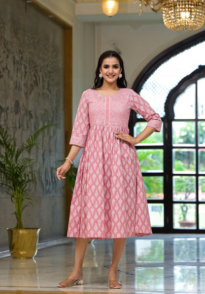 Juniper Pink Ethnic Motif Printed Cotton Short Dress With Button & Lace