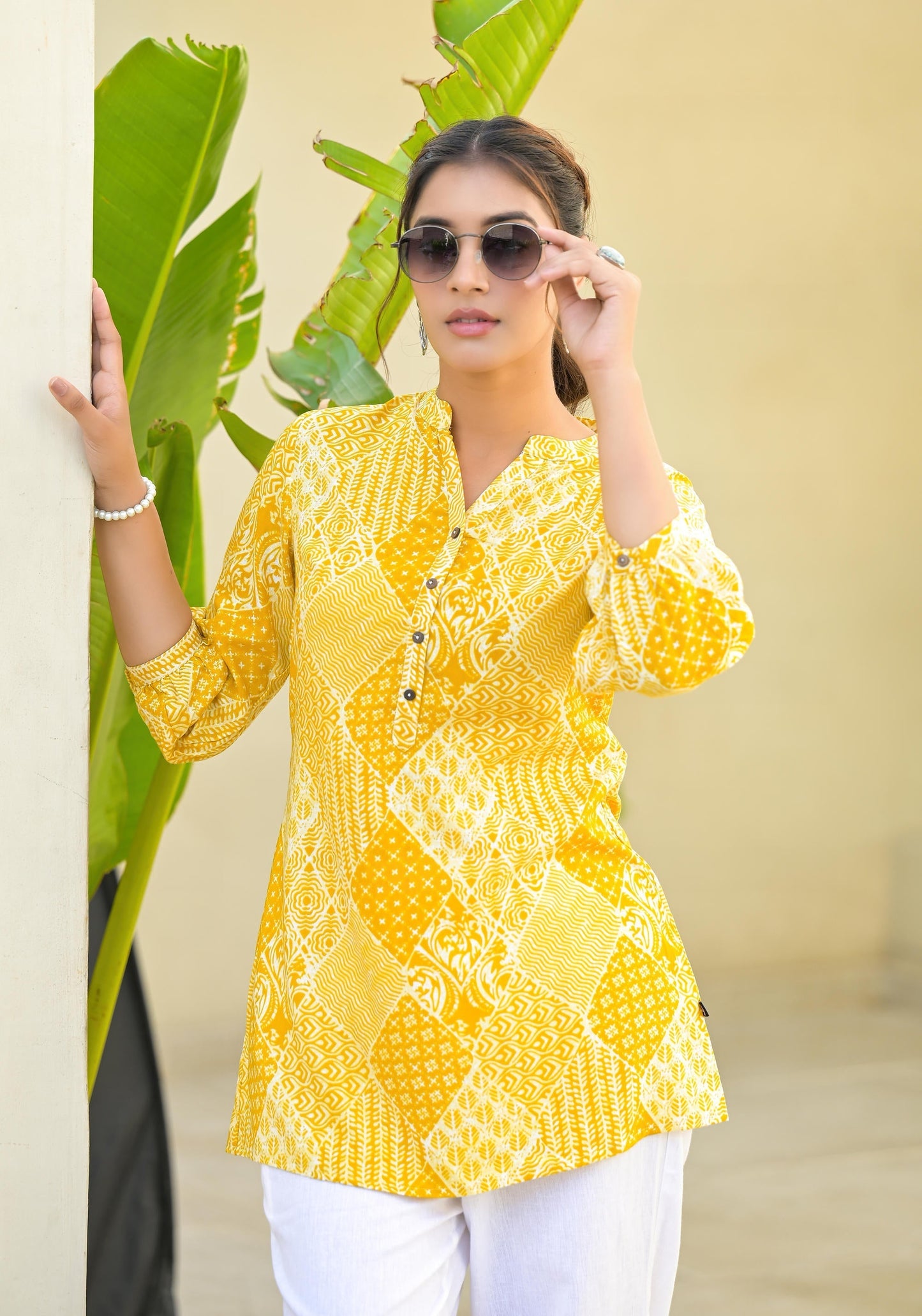 Juniper Mustard Ethnic Motif Printed Tunic With Button