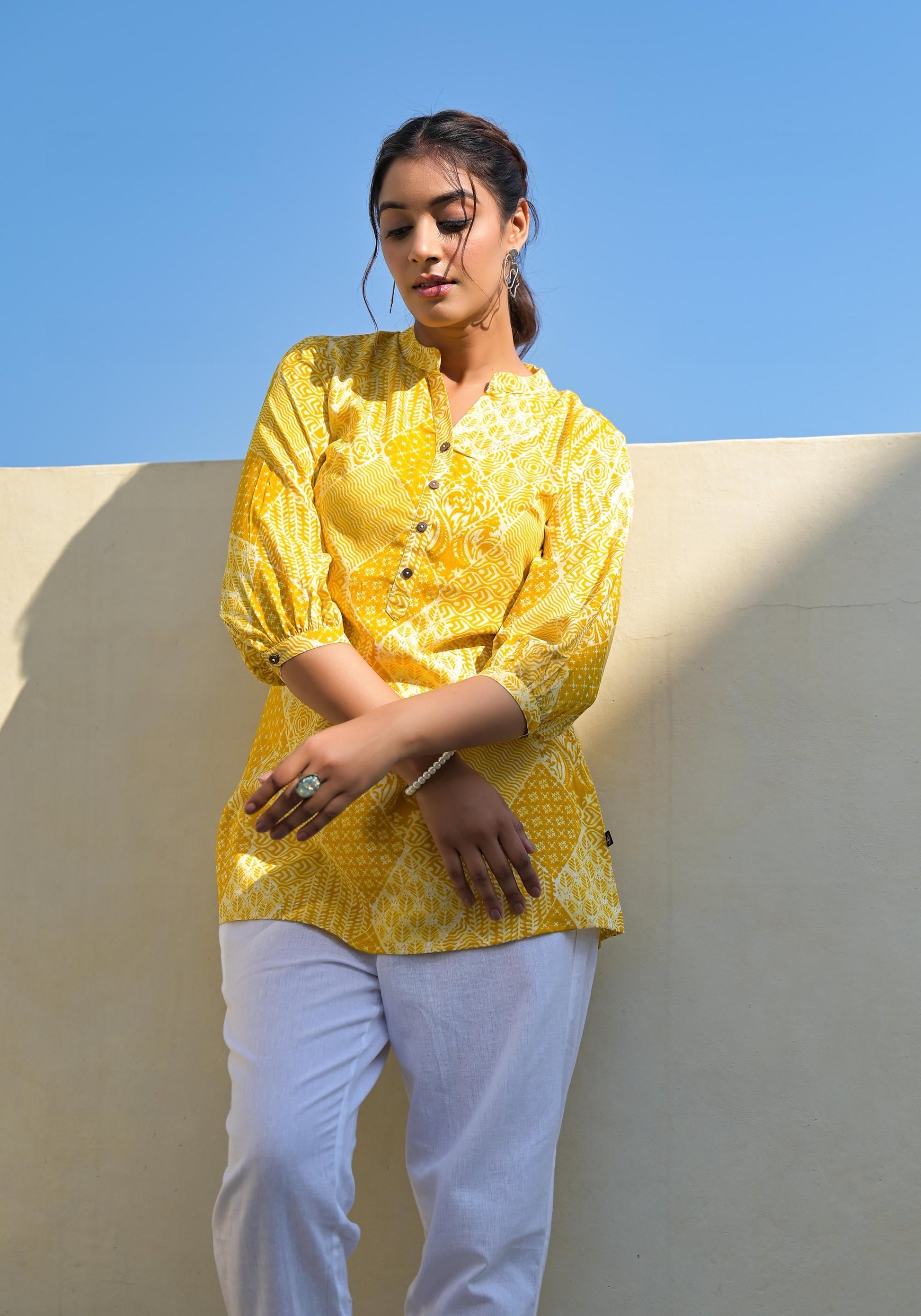 Juniper Mustard Ethnic Motif Printed Tunic With Button