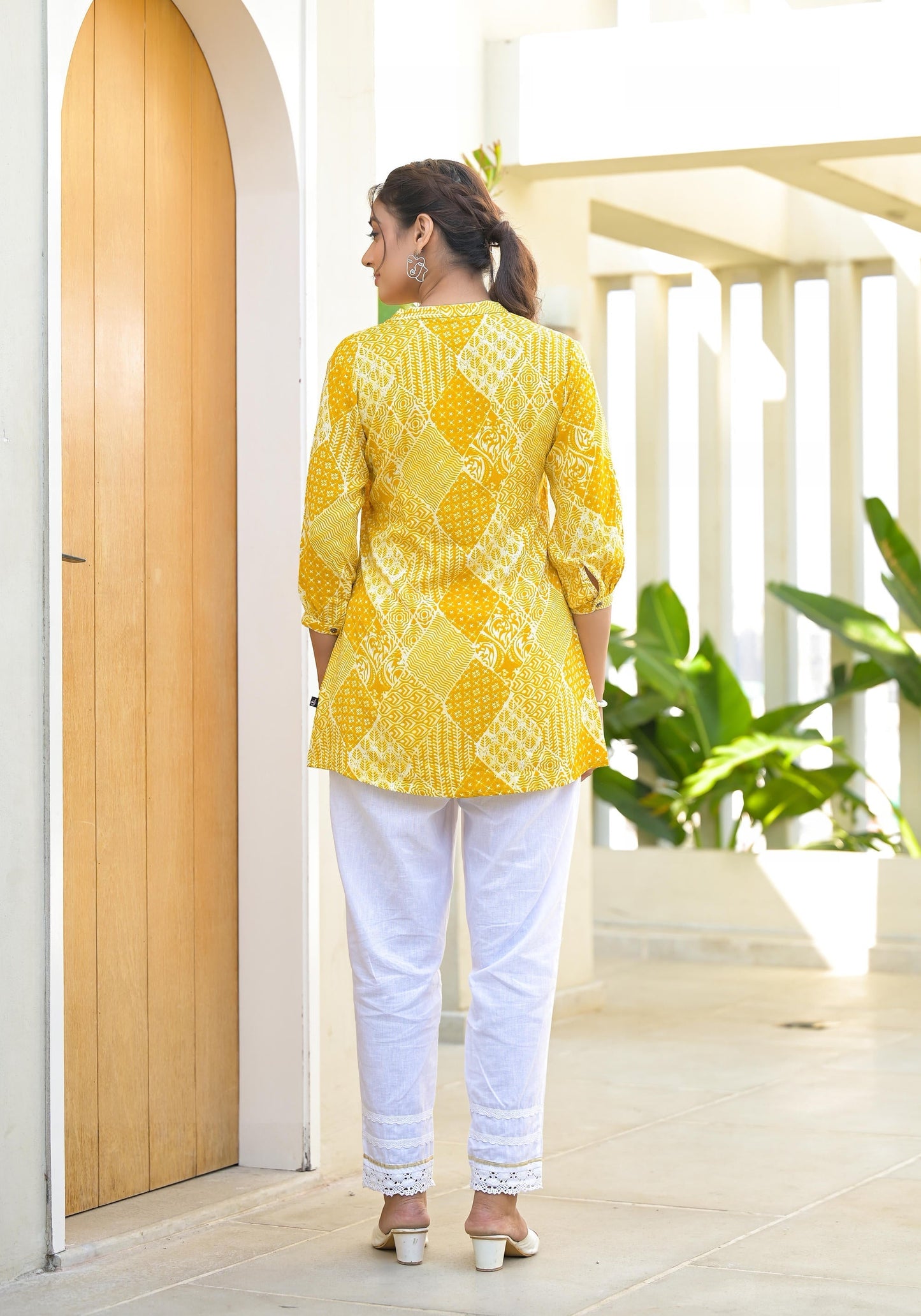 Juniper Mustard Ethnic Motif Printed Tunic With Button