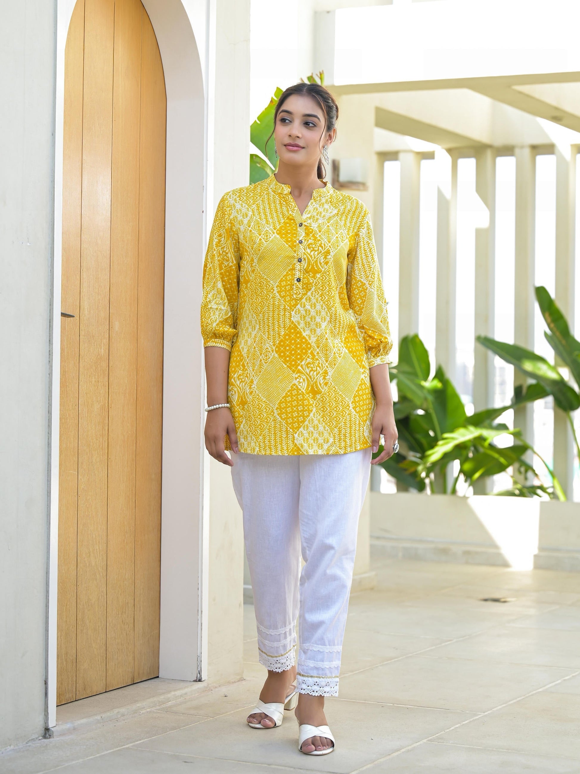 Juniper Mustard Ethnic Motif Printed Tunic With Button