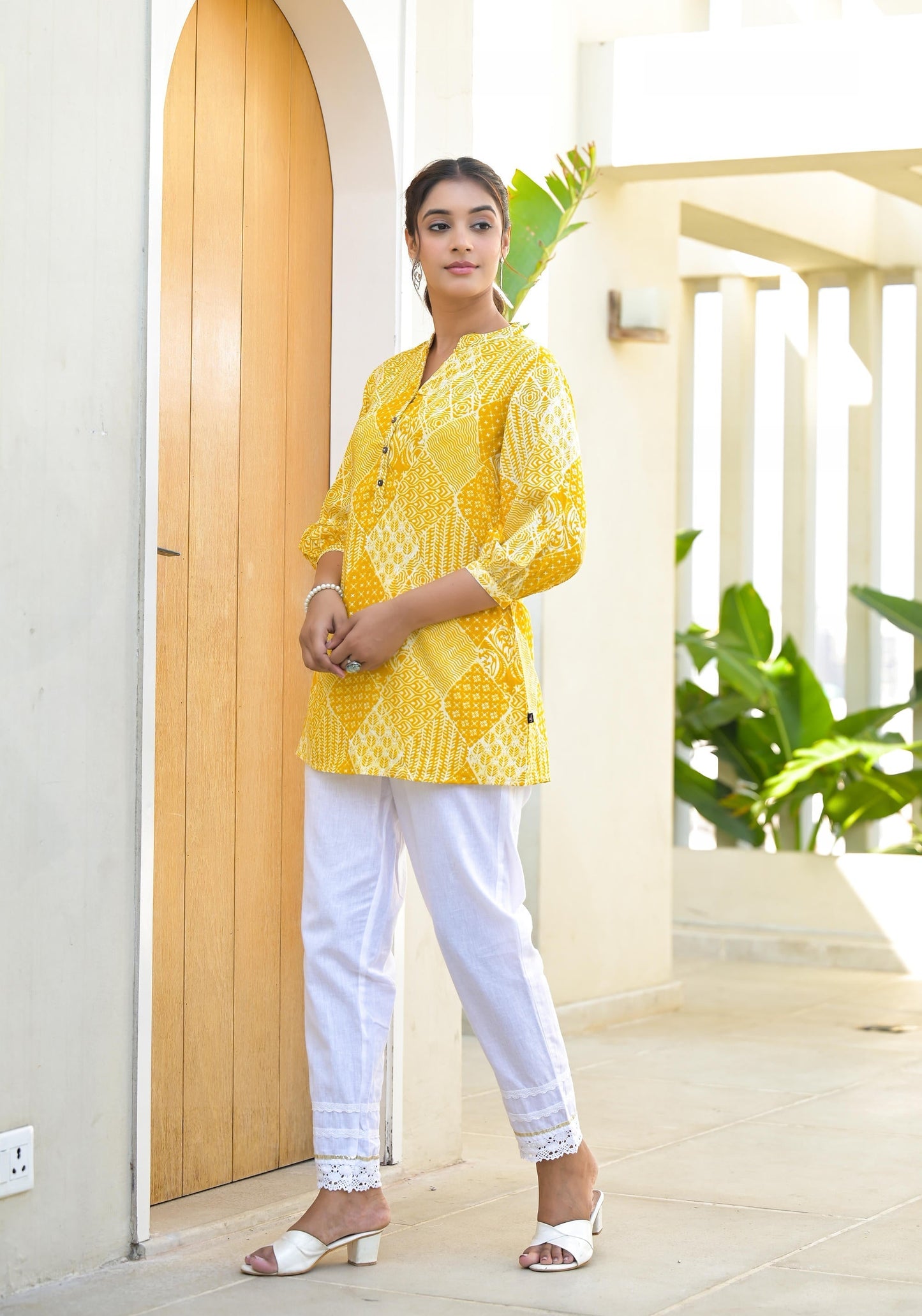 Juniper Mustard Ethnic Motif Printed Tunic With Button