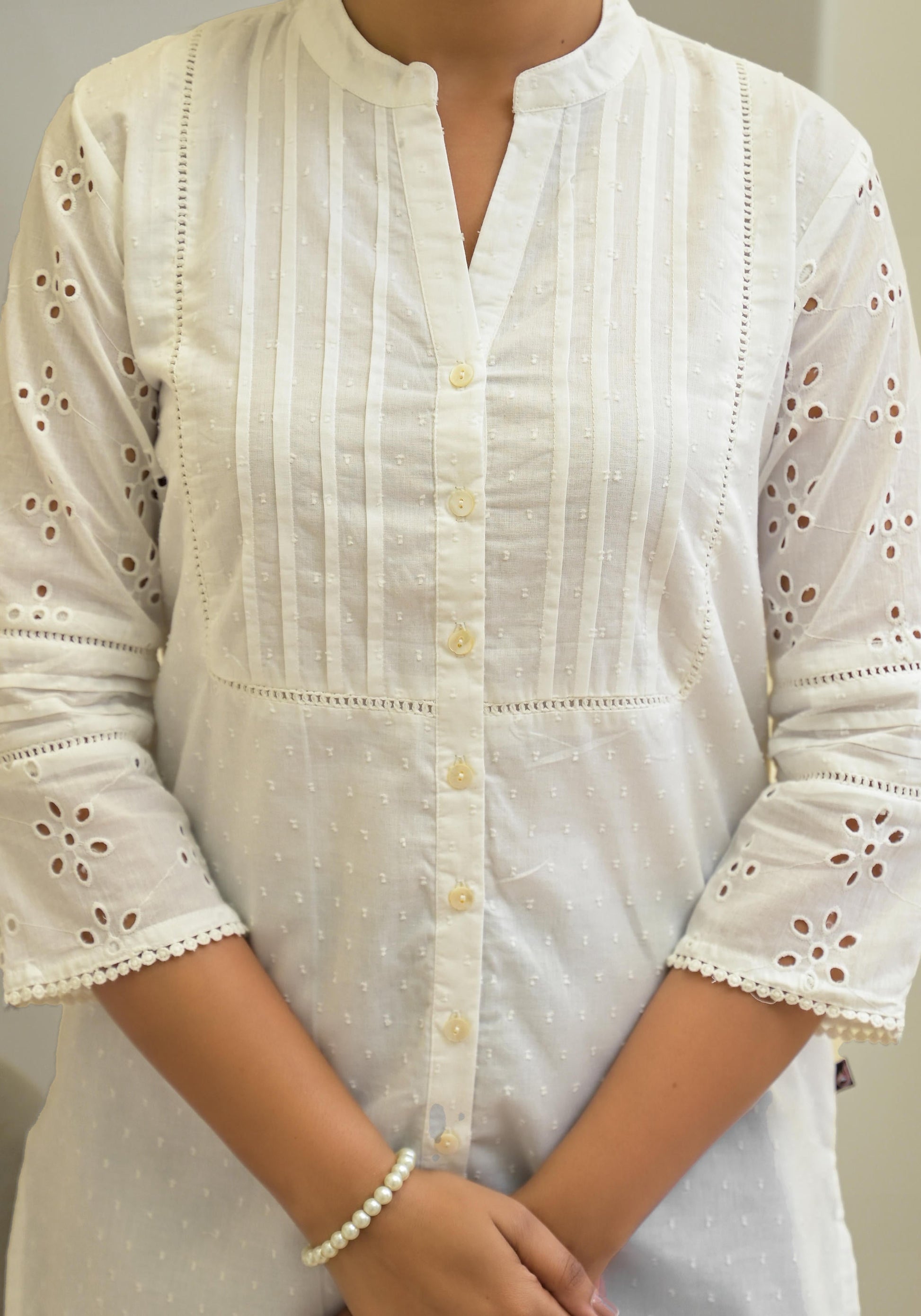 Juniper White Solid Cotton Tunic With Schiffli Work