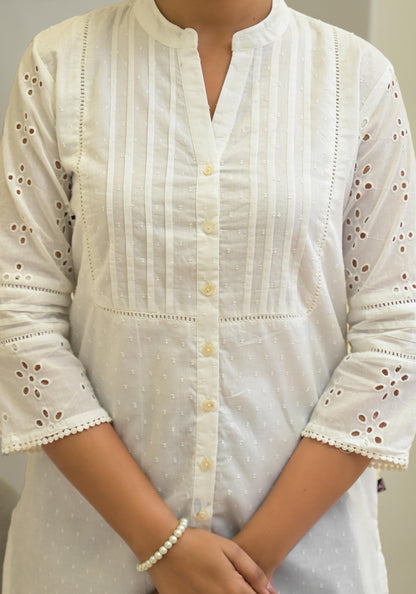 Juniper White Solid Cotton Tunic With Schiffli Work