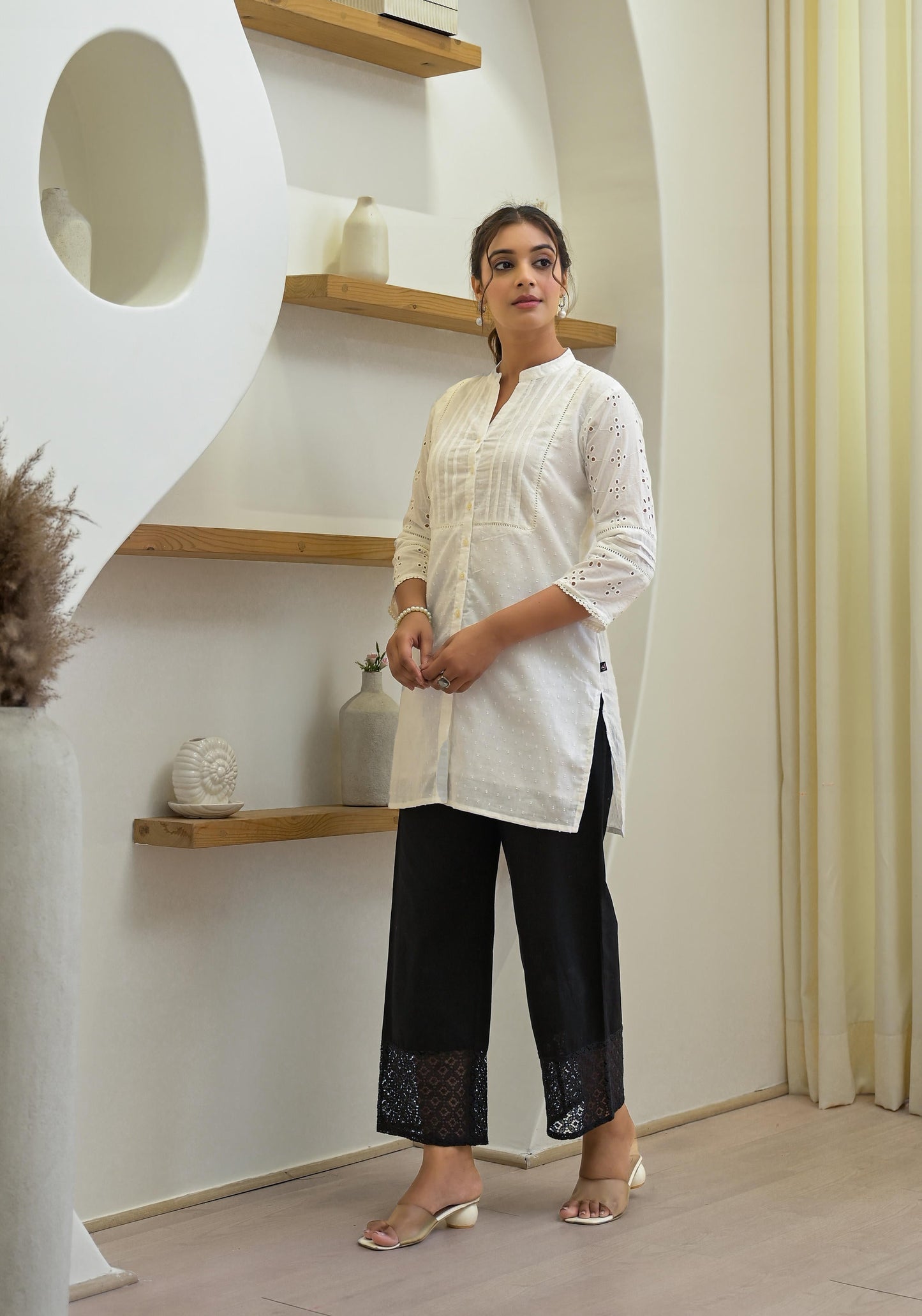 Juniper White Solid Cotton Tunic With Schiffli Work