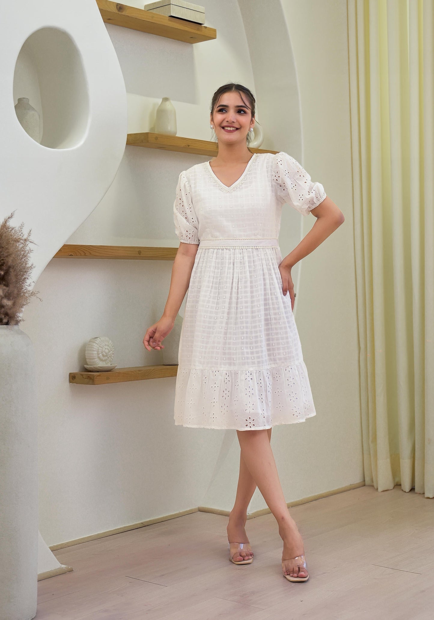 Juniper White Solid Cotton Short Dress With Schiffli Work