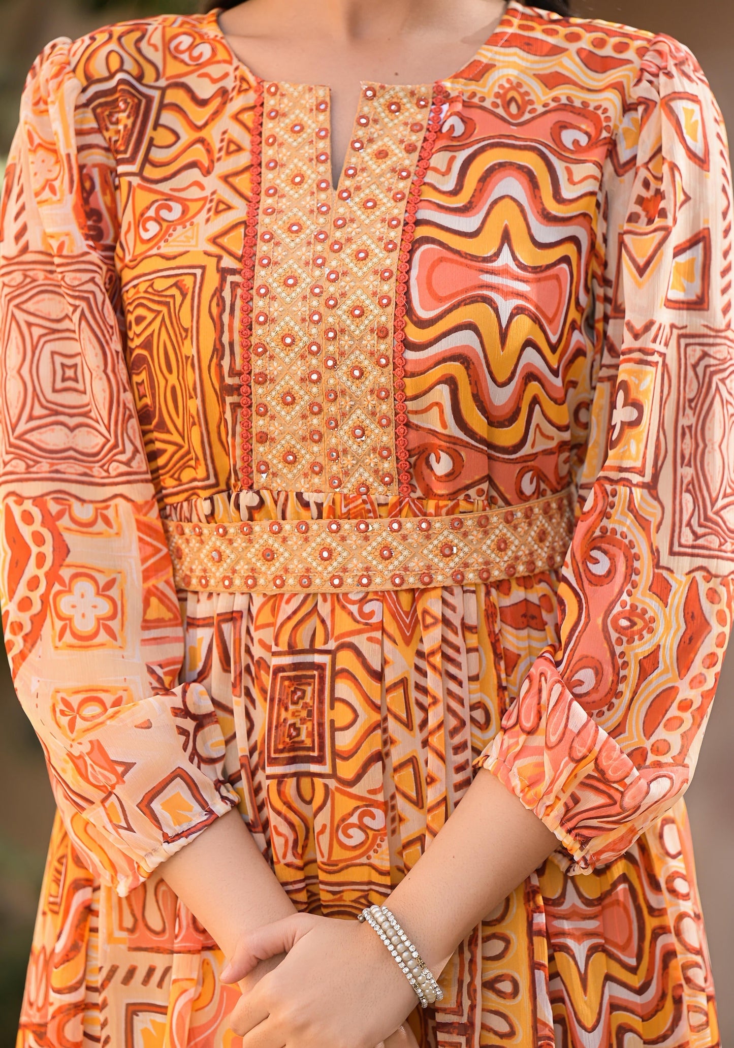Juniper Orange Abstract Printed Chiffon Long Dress With Belt