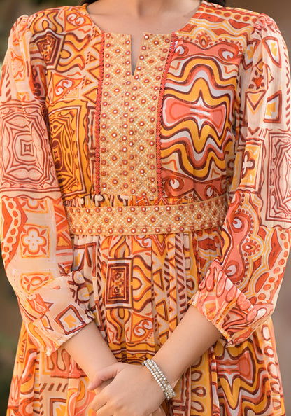 Juniper Orange Abstract Printed Chiffon Long Dress With Belt