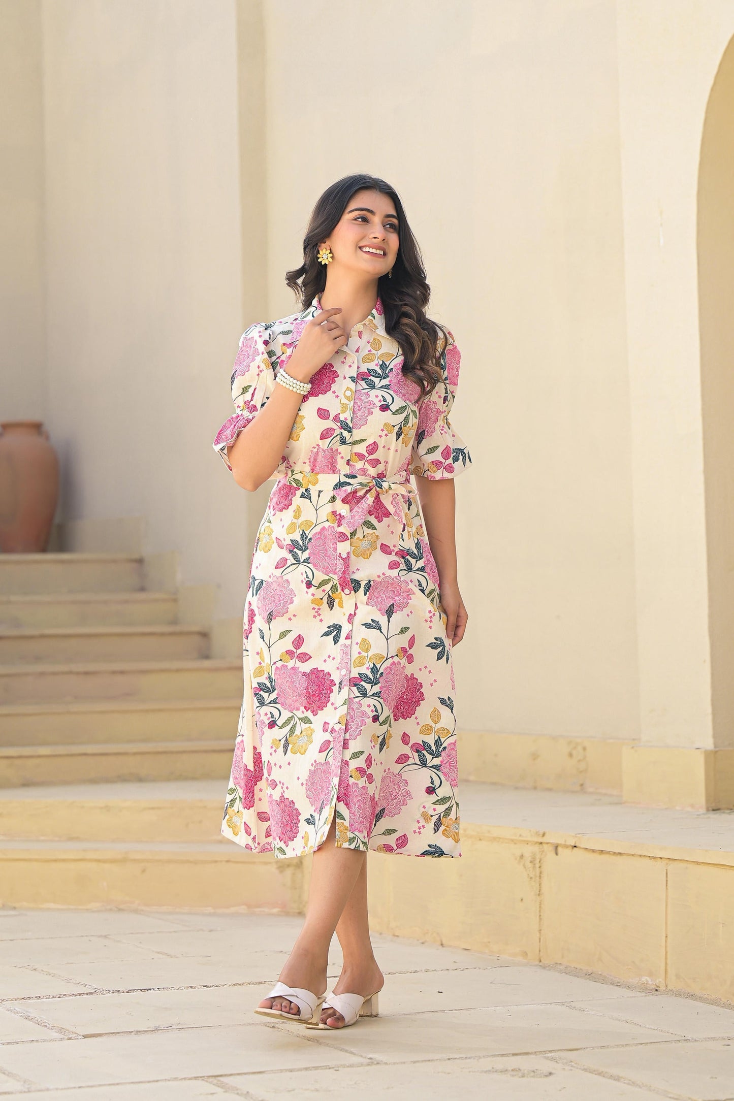Juniper Pink Floral Printed Cotton Long Dress With Belt