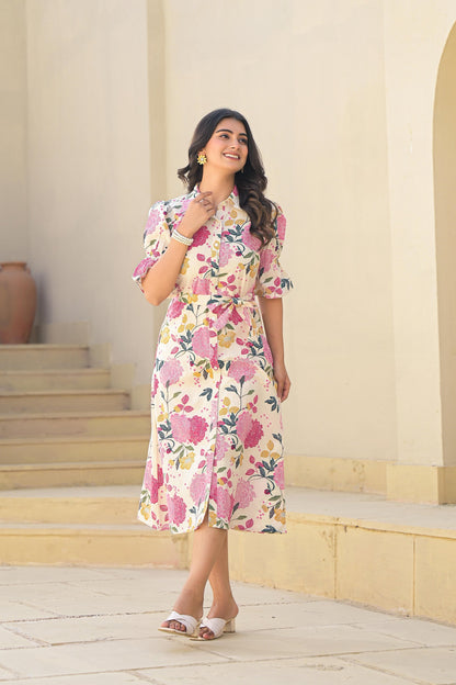 Juniper Pink Floral Printed Cotton Long Dress With Belt