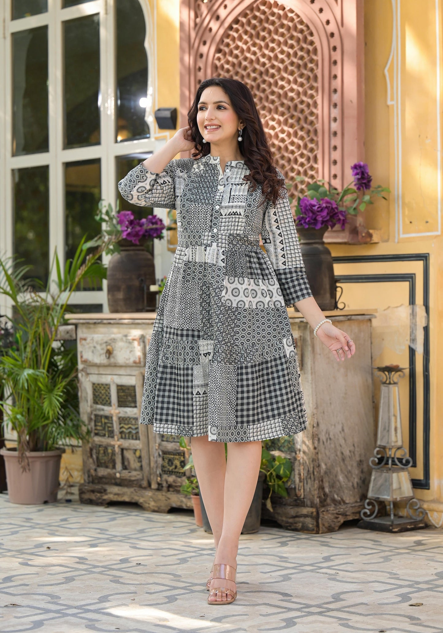 Juniper Black Geometric Printed Cotton Short Dress With Buttons