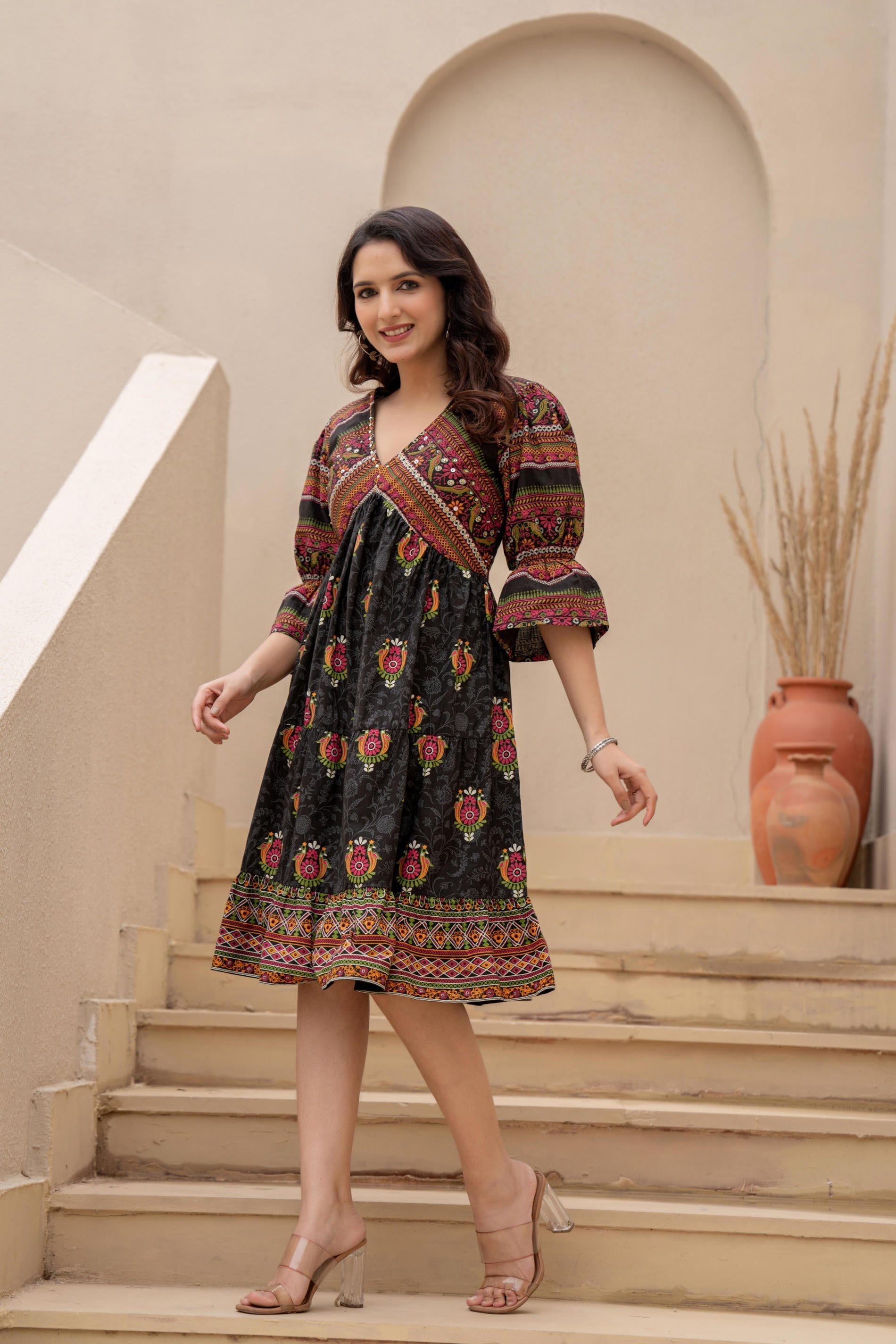 Juniper Black Printed Fit & Flare Dress With Tribal Border