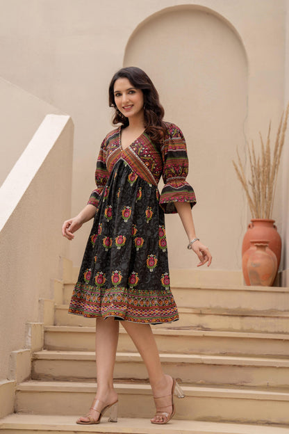 Juniper Black Printed Fit & Flare Dress With Tribal Border
