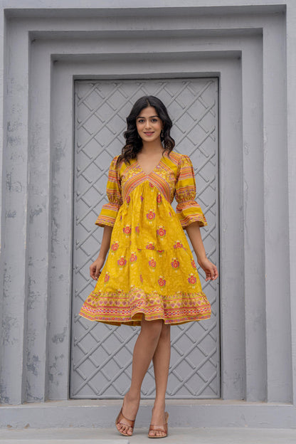 Juniper Mustard Printed Fit & Flare Dress With Tribal Border