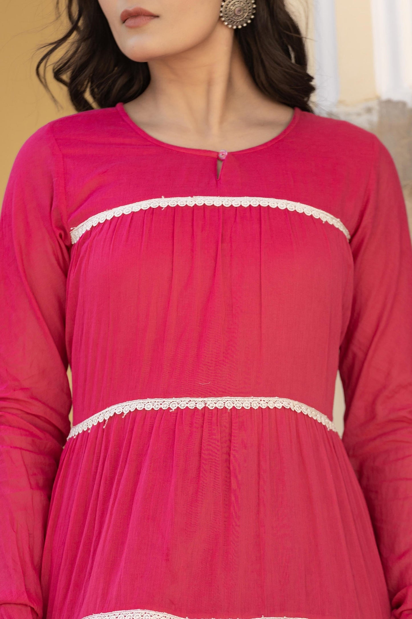 Juniper Fuchsia Tiered Ethnic Maxi Dress With Lace Inserts