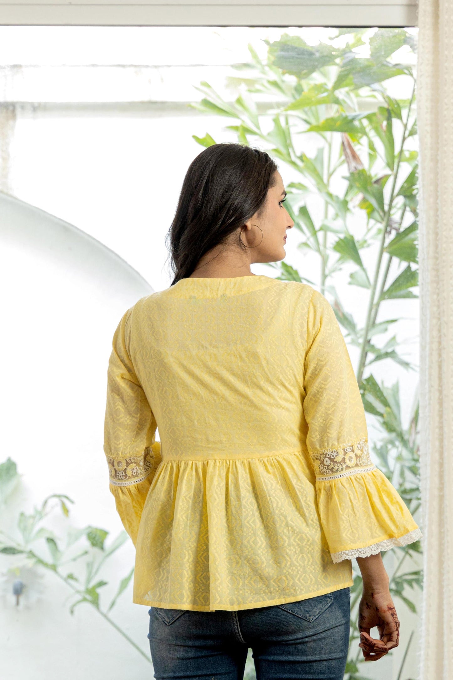 Juniper Lime Yellow Ethnic Peplum Top With Lace & Sequin Embroidery