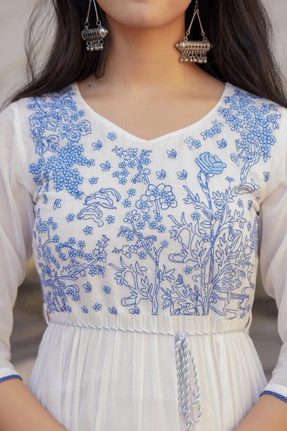 Juniper White Tiered Ethnic Maxi Dress With Powder Blue Floral Embroidery