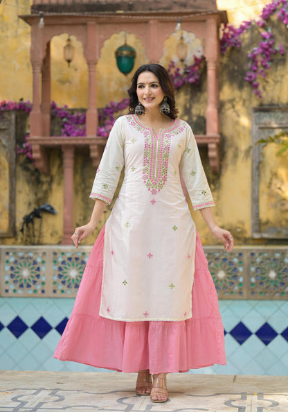 Juniper Ivory & Pink Solid Cotton Long Dress With Thread & Mirror Work