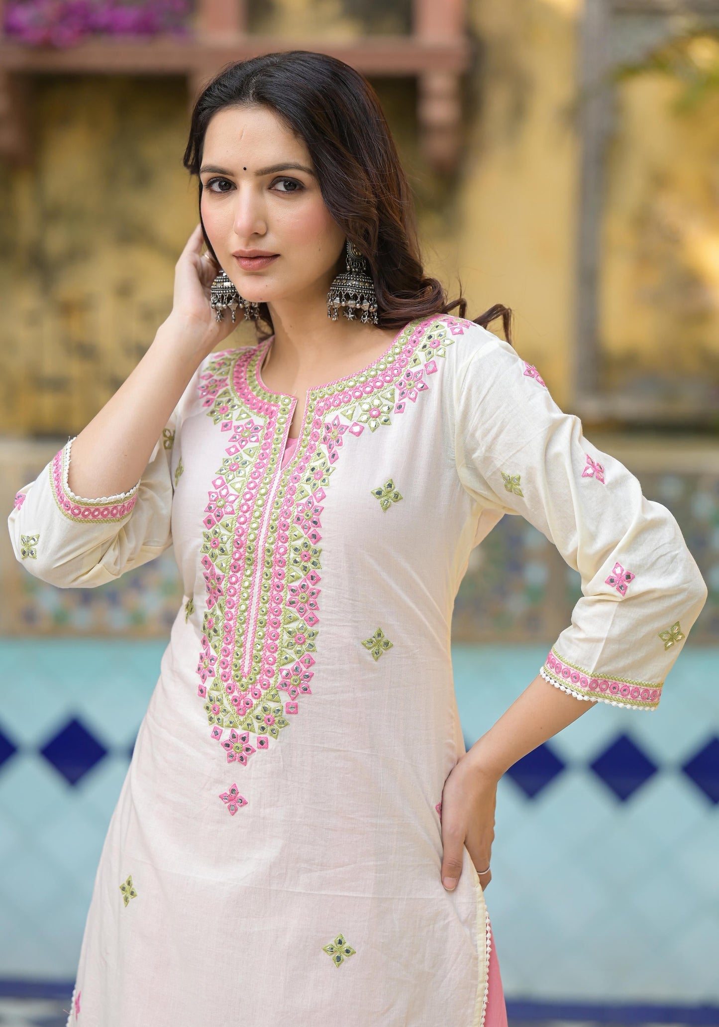 Juniper Ivory & Pink Solid Cotton Long Dress With Thread & Mirror Work