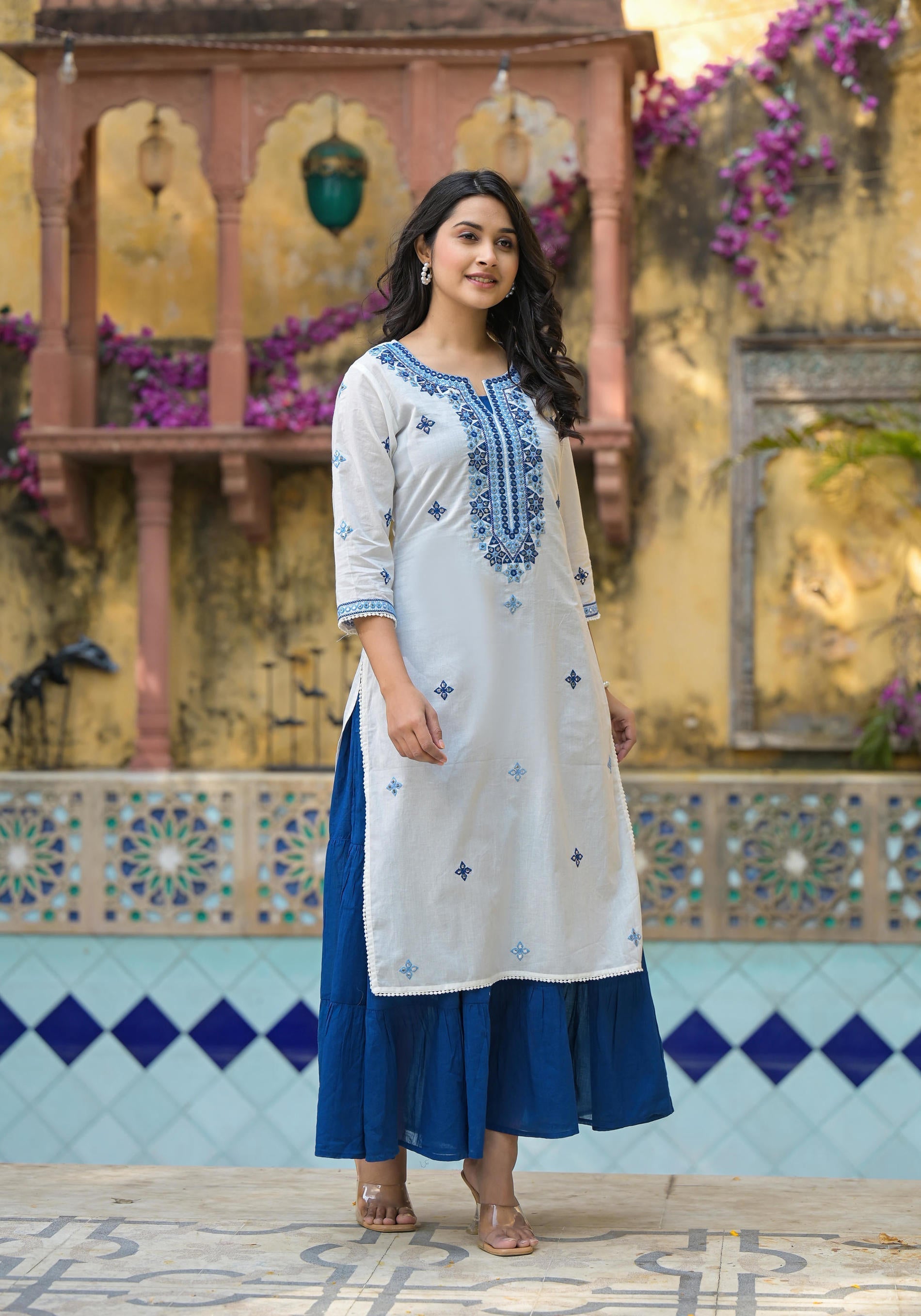 Juniper White & Blue Solid Cotton Long Dress With Thread & Mirror Work