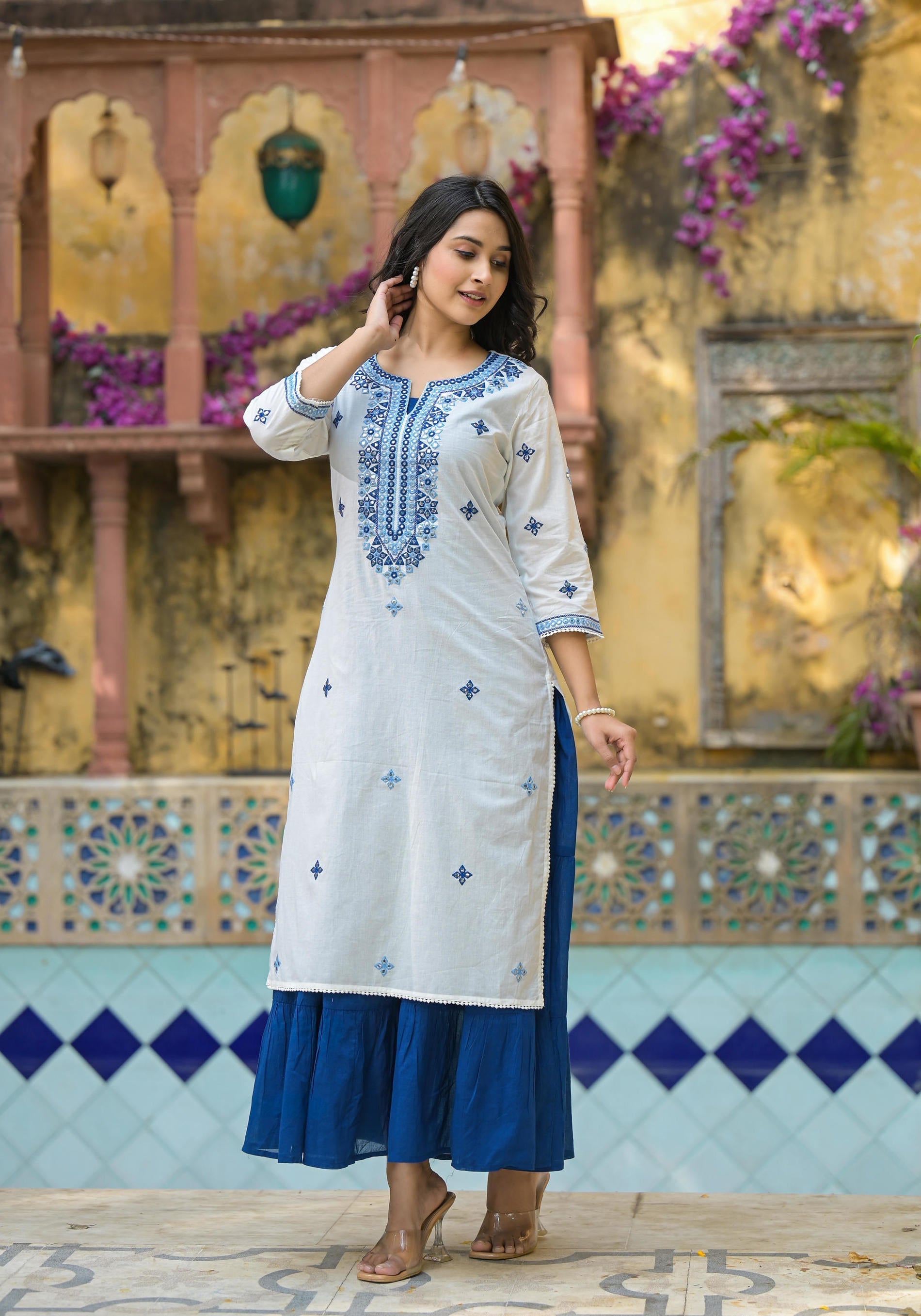 Juniper White & Blue Solid Cotton Long Dress With Thread & Mirror Work