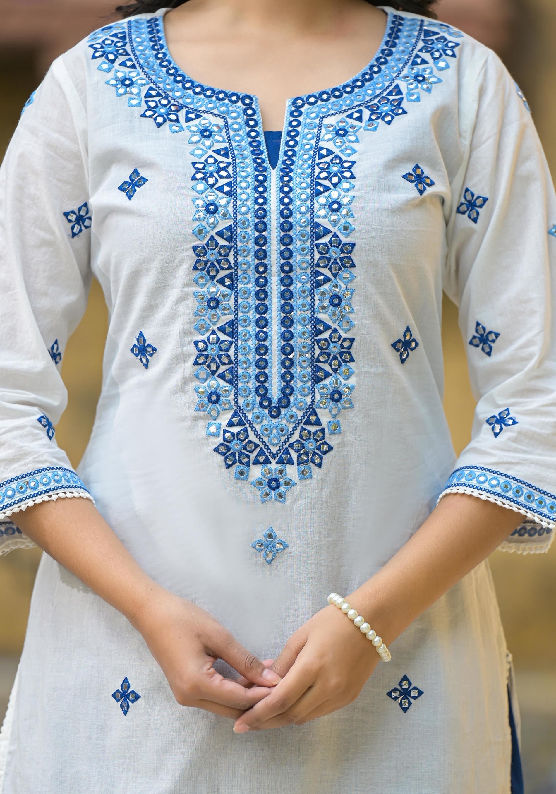 Juniper White & Blue Solid Cotton Long Dress With Thread & Mirror Work