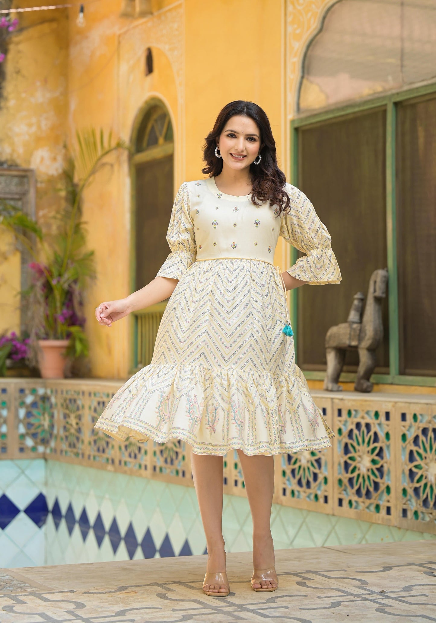 Juniper Ivory Ethnic Motif Printed Viscose Short Dress With Dori