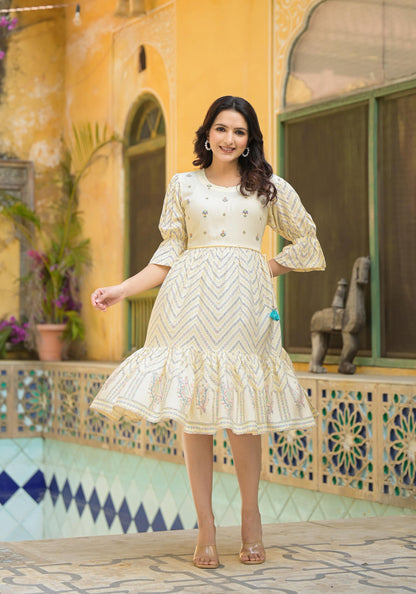 Juniper Ivory Ethnic Motif Printed Viscose Short Dress With Dori