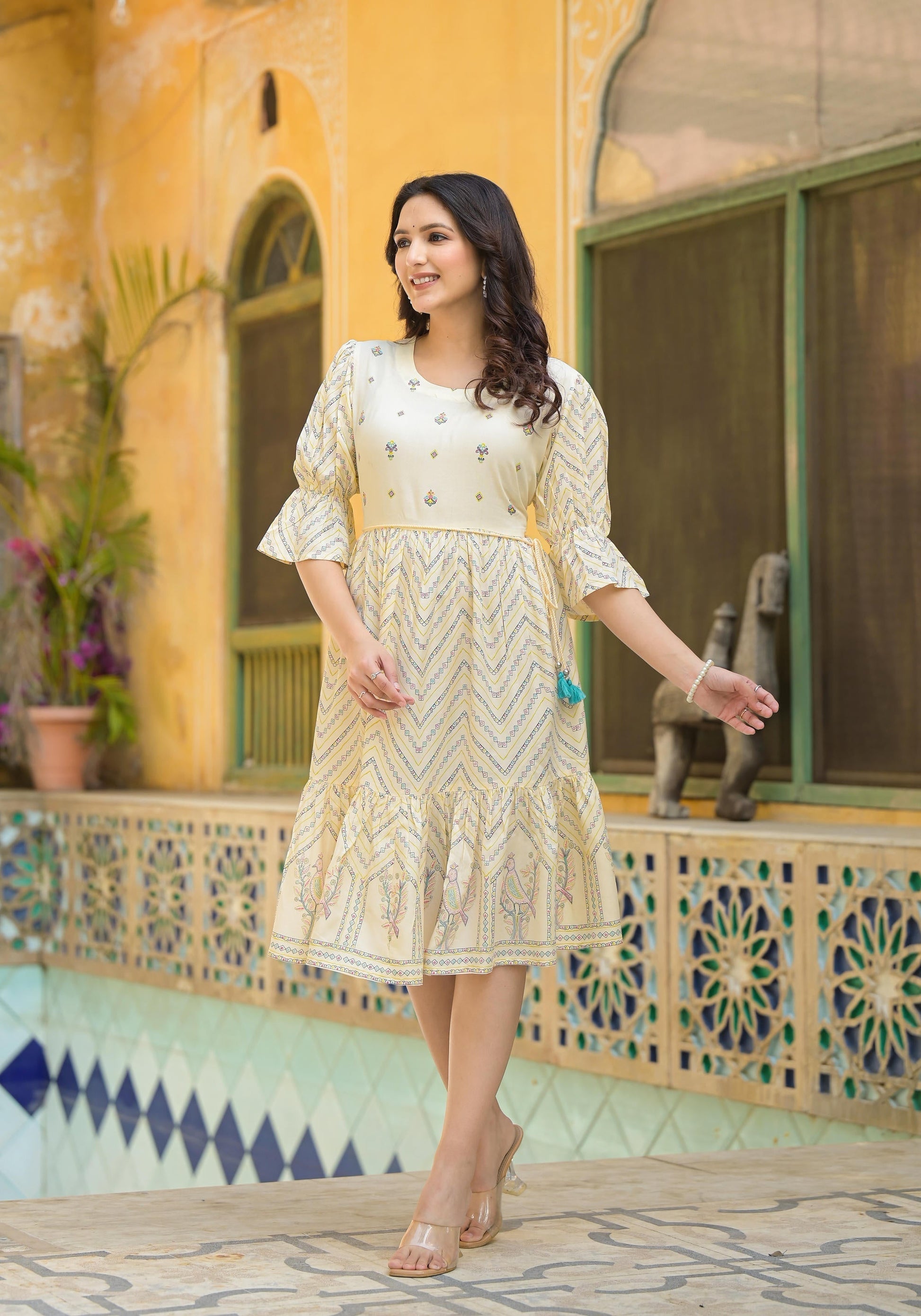 Juniper Ivory Ethnic Motif Printed Viscose Short Dress With Dori
