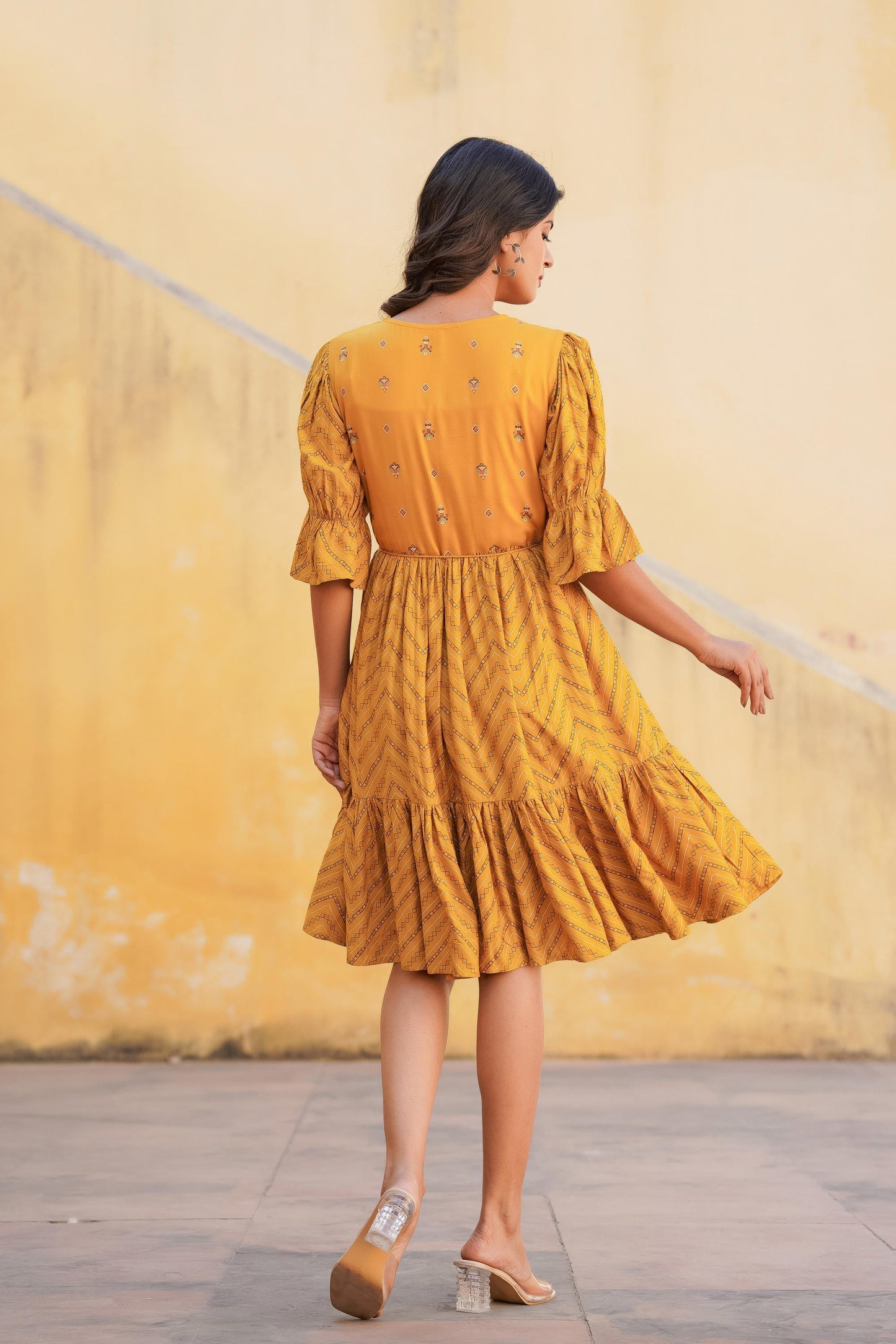 Juniper Mustard Ethnic Motif Printed Viscose Short Dress With Dori