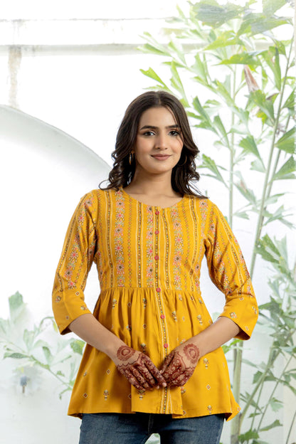 Juniper Mustard Floral Printed Viscose Tunic With Buttons
