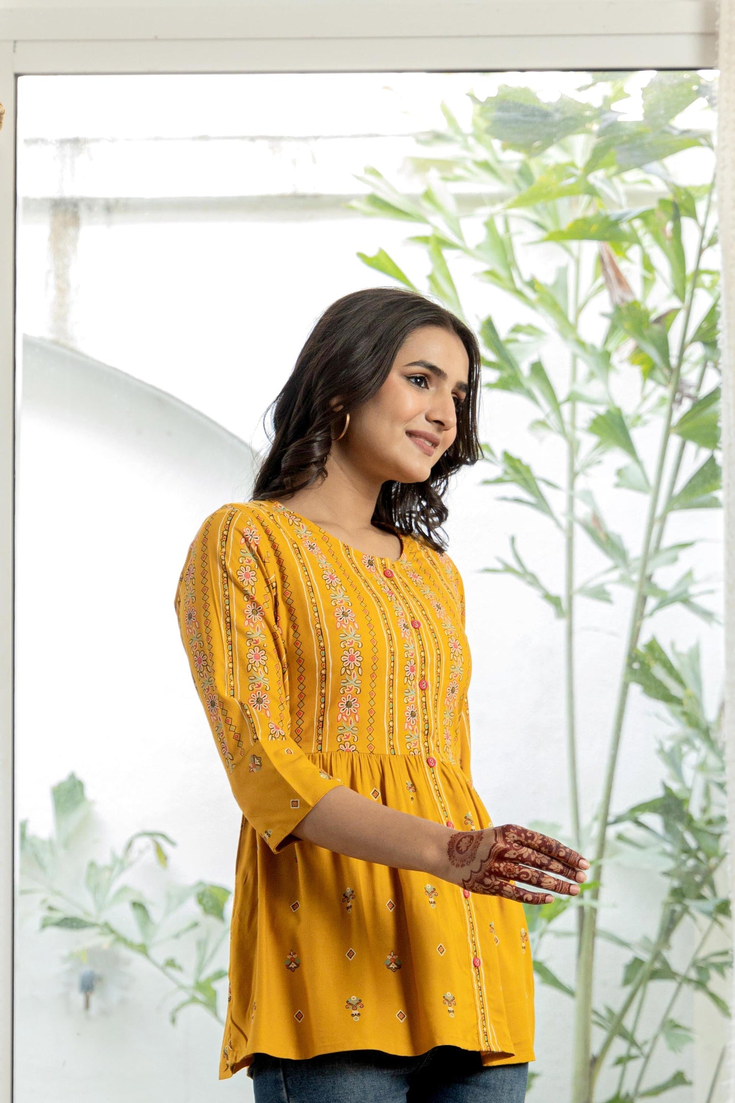 Juniper Mustard Floral Printed Viscose Tunic With Buttons